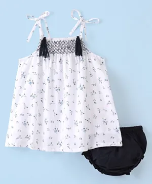 Babyhug 100% Cotton Dobby Singlet Sleeves Frock With Bloomer & Floral Print - White & Black