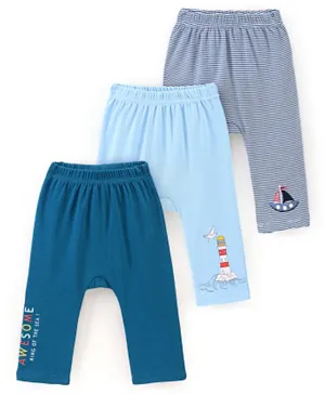 Bonfino 100% Cotton Knit Full Length Striped Diaper Leggings Lighthouse Print Pack of 3 - Navy White & Light Blue