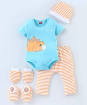 Babyhug 100% Cotton Half Sleeves Onesies with Leggings and Cap Mittens Booties Dino & Striped Print - Multicolour