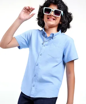 Pine Kids 100% Cotton Half Sleeves Shirt With Single Pocket Solid Colour - Blue