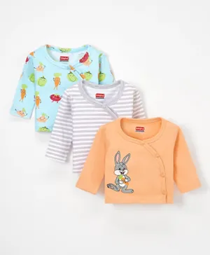 Babyhug 100% Cotton Antibacterial Full Sleeves Vests Bunny & Stripe Printed Pack of 3 - Peach & Blue