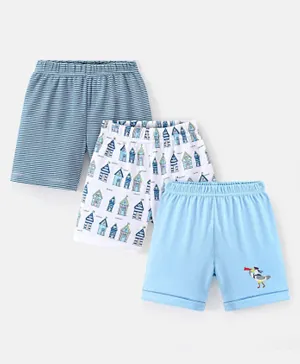 Bonfino 100% Cotton Above Mid Thigh Length Shorts Pack of 3 House Print - Blue Ivory Navy