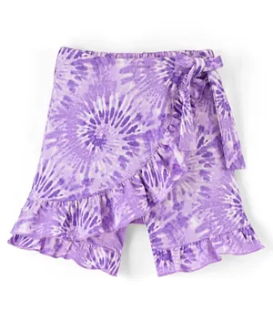 Pine Kids 100% Cotton Knit Mid Thigh Length Tie Dye Printed Skort With Wrap Around Tie Up - Purple