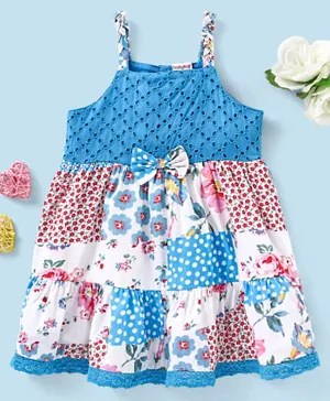 Babyhug Rayon Sleeveless Frock With Floral Print & Bow Detailing - Blue