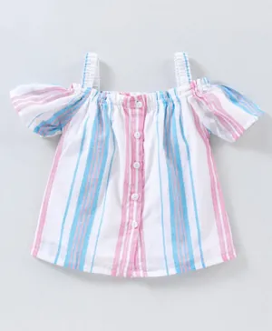 Babyhug Half Sleeves Off Shoulder Striped Cotton Lurex Woven Top- Pink & Blue