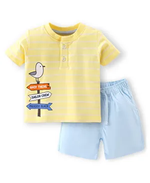 Babyhug 100% Cotton Knit Half Sleeves T-Shirt and Shorts Set Stripes & Bird Print - Yellow & Light Blue
