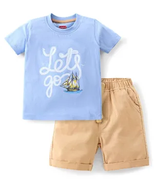 Babyhug 100% Cotton Half Sleeves T-Shirt & Shorts Set Boat Print- Blue & Beige