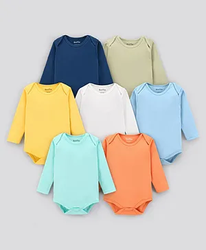 Bonfino 100% Cotton Full Sleeves Solid Colour Onesies Pack of 7 - Blue Orange & White