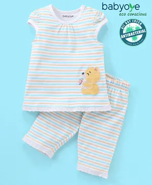 Babyoye Eco Conscious Anti Bacterial 100% Cotton Cap Sleeves Night Suit Striped- White
