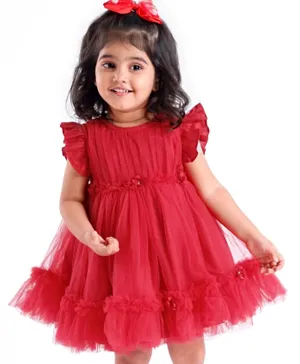 Babyhug Flutter Sleeves Party Frock with Mesh Detailing -Red