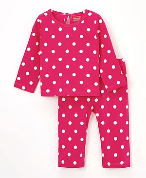 Babyhug Full Sleeves Cotton Night Suit Polka Dot Printed - Pink