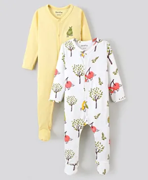 Bonfino 100% Cotton Full Sleeves Footed Sleep Suit Guava & Cherry Print Pack of 2- White & Yellow