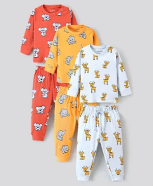 Bonfino 100% Cotton Knit Full Sleeves Night Suit Elephant & Deer Print Pack of 3- Yellow Grey & Red