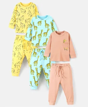 Bonfino 3 Pack All Over Printed Round Neck Pajamas Set - Multicolor