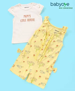 Babyoye Eco-Conscious 100% Cotton with Eco Jiva Finish Dungaree & Cap Sleeves Tee Set Birds Print - Yellow