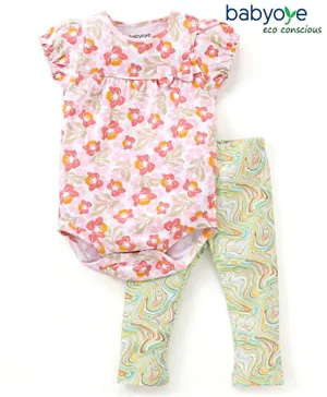 Babyoye Eco-Conscious 100% Cotton With Eco Jiva Finish Half Sleeves  Floral Printed Onesie With leggings - Pink & Green