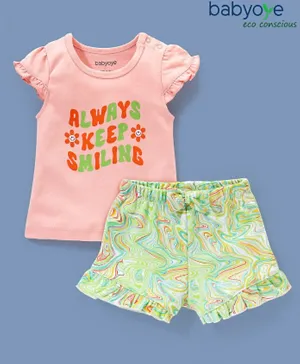 Babyoye Eco-Conscious 100% Cotton Eco Jiva Half Sleeves Top & Shorts Set Marble Print - Pink & Green