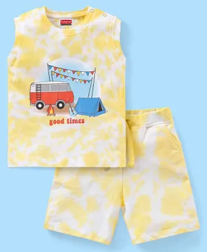 Babyhug 100% Cotton Knit Sleeveless T-Shirt & Shorts/Co-ord Set Bus Print - Yellow