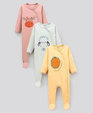Bonfino 100% Cotton Full Sleeves Sleep Suits Sun Print Pack of 3 - Peach & Grey