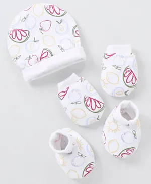 Bonfino Cotton Cap Mittens & Booties Set Fruit Print White - Diameter 10 cm