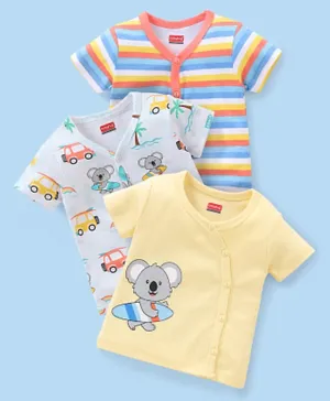 Babyhug 100% Cotton Half Sleeves Vests Stripes & Koala Print Pack of 3 - Light Yellow Sky Blue & Orange