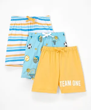 Babyhug Cotton Mid Thigh Length Shorts Football & Stripes Print Pack of 3- Peach & Blue