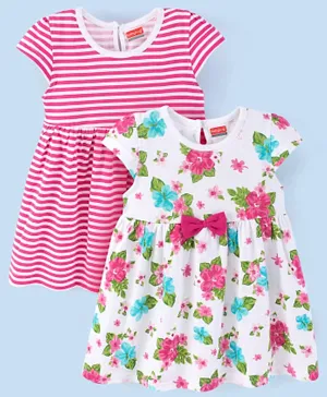 Babyhug 100% Cotton Knit Cap Sleeves Striped & Floral Printed Frocks Pack of 2 - Pink & White