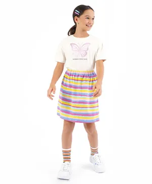 Primo Gino Cotton Elastane Drop Shoulder Foil Print Butterfly T-Shirt with Striped Skirt - Off White