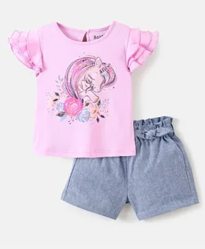 Bonfino Unicorn Round Neck T-Shirt & Shorts Set - Pink