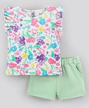 Bonfino 100% Cotton Interlock Fabric Frill Sleeves Floral Printed T-Shirt With Solid Colour Shorts - White & Green