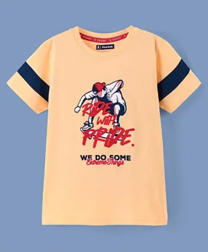 Pine Kids 100% Cotton Knit Half Sleeves Text Embossed Biowashed T-Shirt - Peach
