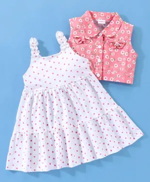 Babyhug 100% Cotton Sleeveless Polka Dot Frock With Floral Printed Jacket - Pink