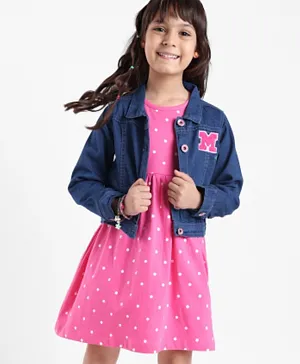 Babyhug 100% Cotton Frock With Full Sleeves Denim Jacket Polka Dots Print & Minnie Mouse Embroidery - Pink & Blue