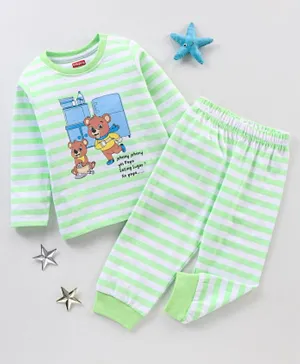 Babyhug Cotton Knit Full Sleeves Night Suit Striped & Teddy Print - Green