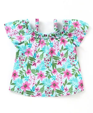 Babyhug 100% Cotton Knit Off Shoulder Half Sleeves Floral Printed Top with Frill Detailing - Light Green