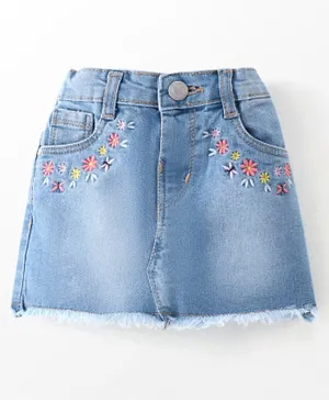 Babyhug Denim Mid Thigh Skirt Floral Embroidery - Blue