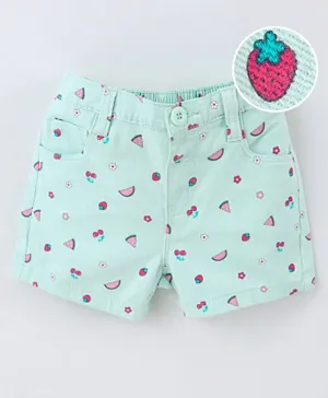 Babyhug Cotton Woven Mid Thigh Stretchable Shorts Fruits Print - Mint