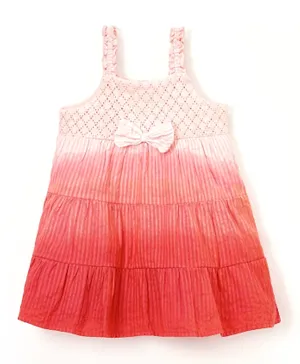 Babyhug 100% Cotton Singlet Dobby Woven Dyed Solid Color Embroidered Frock with Bow Applique - Peach