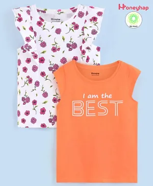 Honeyhap Premium 100% Cotton Knit Cap Sleeves T-Shirts with Bio Finish Floral & Text Print Pack of 2 - Bird of Paradise & Pink
