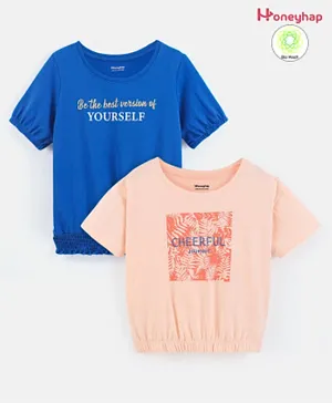 Honeyhap Premium 100% Cotton Half Sleeves Text Embroidery Printed T-Shirts Pack of 2 - Lapis Blue & Pale Peach