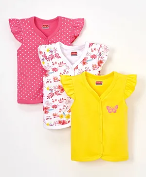 Babyhug 100% Cotton Knit Short Sleeves Set of Vests Butterfly Print Pack of 3 - Pink White & Yellow