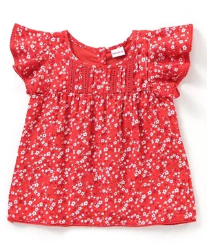 Babyhug Rayon Half Sleeves Top With Lace & Frill Detailing - Red