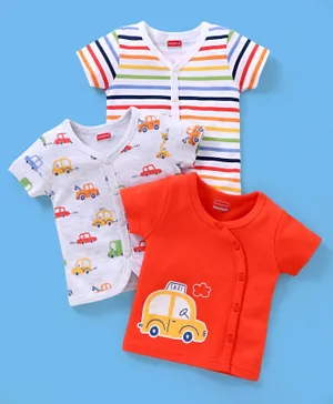 Babyhug 100% Cotton Vests Striped & Cars Print Pack of 3 - Red Grey & White