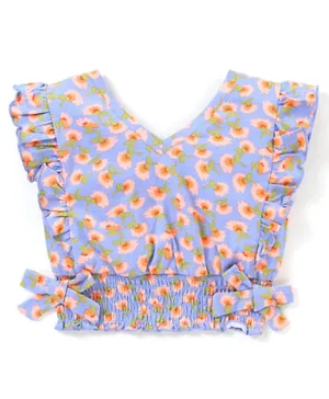 Babyhug 100% Cotton Knit Frill Sleeves Crop Tee with Smocking & Bow Detailing Floral Print - Blue