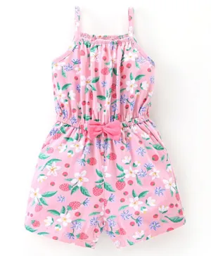 Babyhug 100% Cotton Knitted Singlet Sleeves Jumpsuit Floral Print- Pink