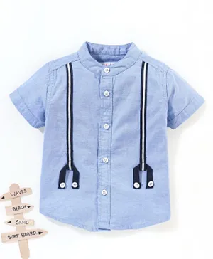 Babyhug 100% Cotton Half Sleeves Solid Oxford Shirt With Front False Suspender -Blue
