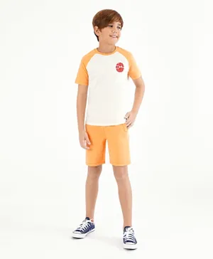 Primo Gino 100% Cotton Half Sleeves T-Shirt & Shorts Set Text Print- Off White & Orange