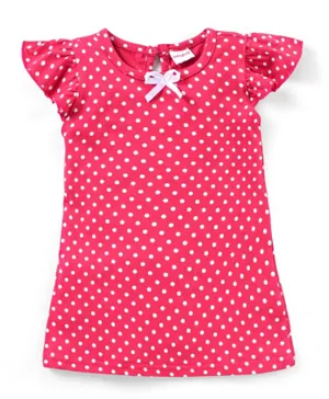 Babyhug Cotton Knit Short Sleeves Nighty Polka Dot Printed With Bow Applique  - Pink