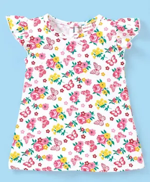 Babyhug Cotton Knit Short Sleeves Nighty Floral & Butterfly Print - White & Pink