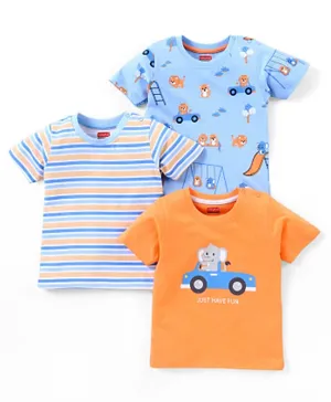 Babyhug Cotton Jersey Half Sleeves Striped T- Shirt With Travel Print Pack of 3 - Blue & Orange